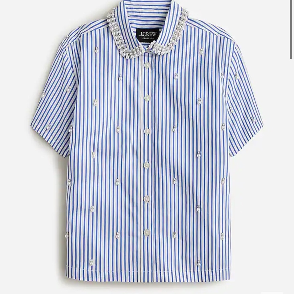 Jcrew Collection Cropped Short Sleeve Striped Embellished Shirt blouse 6 S